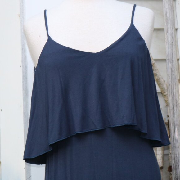 Matty M Navy Blue Overlay Top Low Back Knit Rayon Sleeveless Maxi Dress Sz SMALL - Picture 2 of 8